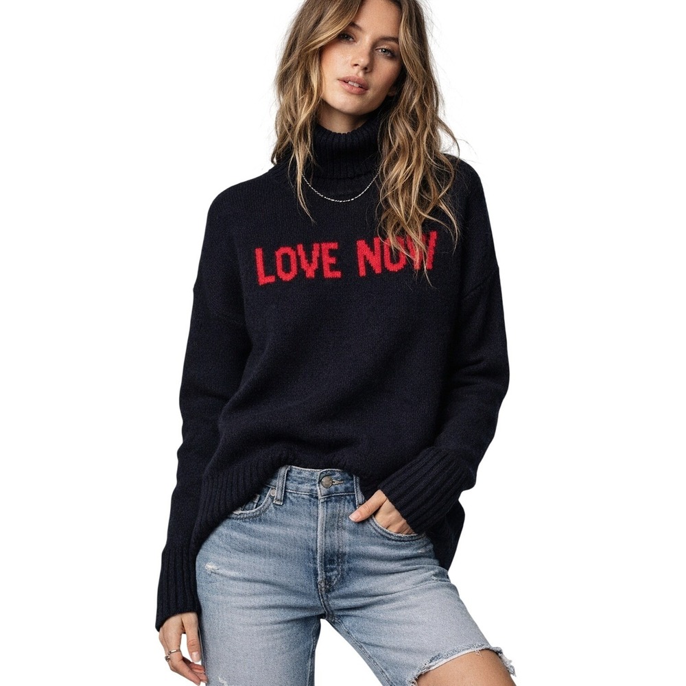ZADIG & VOLTAIRE Alma Love Now Merino Wool Turtleneck Sweater XS Statement Knit